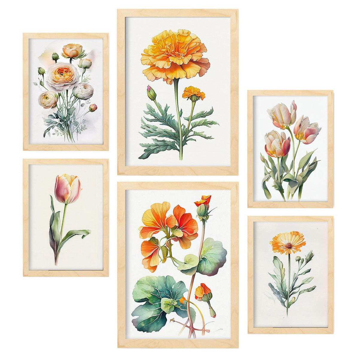 POSTER Set Mit 6 Orangefarbene Blumen Vollfarbige Natur & Botanikdrucke Mit Blumenmotiven Auf Reinweißen Hintergründen A3 & A4 Rahmen Aus Hellem Holz - Beige, Papier (29/3cm) - Nacnic