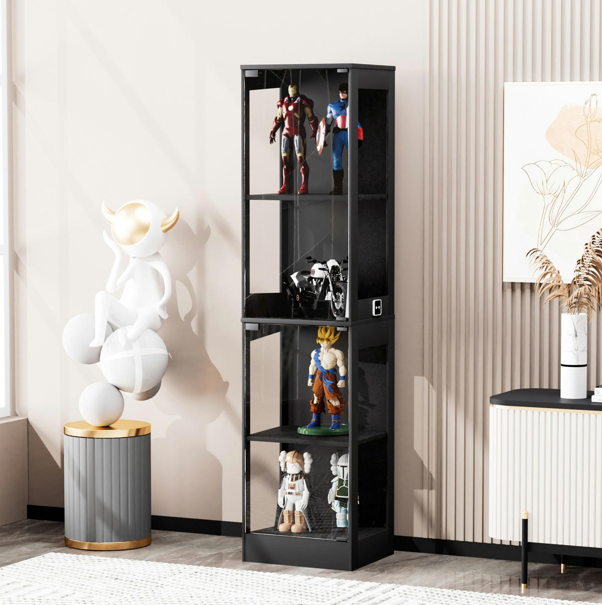 VITRINE aus ABS 40x35x165 cm Akazienholzoptik mit LED-Beleuchtung, Glastüren und Bewegungssensor - Naturfarben, Kunststoff (40/165/35cm) - Modfu