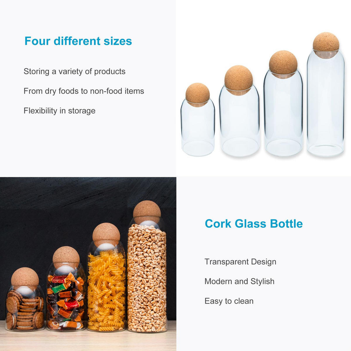 AUFBEWAHRUNGSBEHÄLTER Set mit Kork-Kugel (4-tlg.) - Transparent, Glas (9/29/9cm) - Intirilife