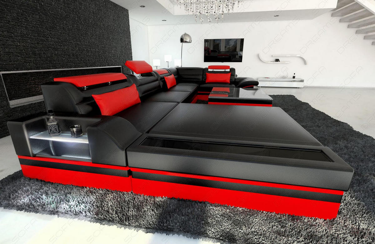SOFA Mezzo U Schwarz Rot Echtleder - Schwarz, Leder (372/78/214cm)