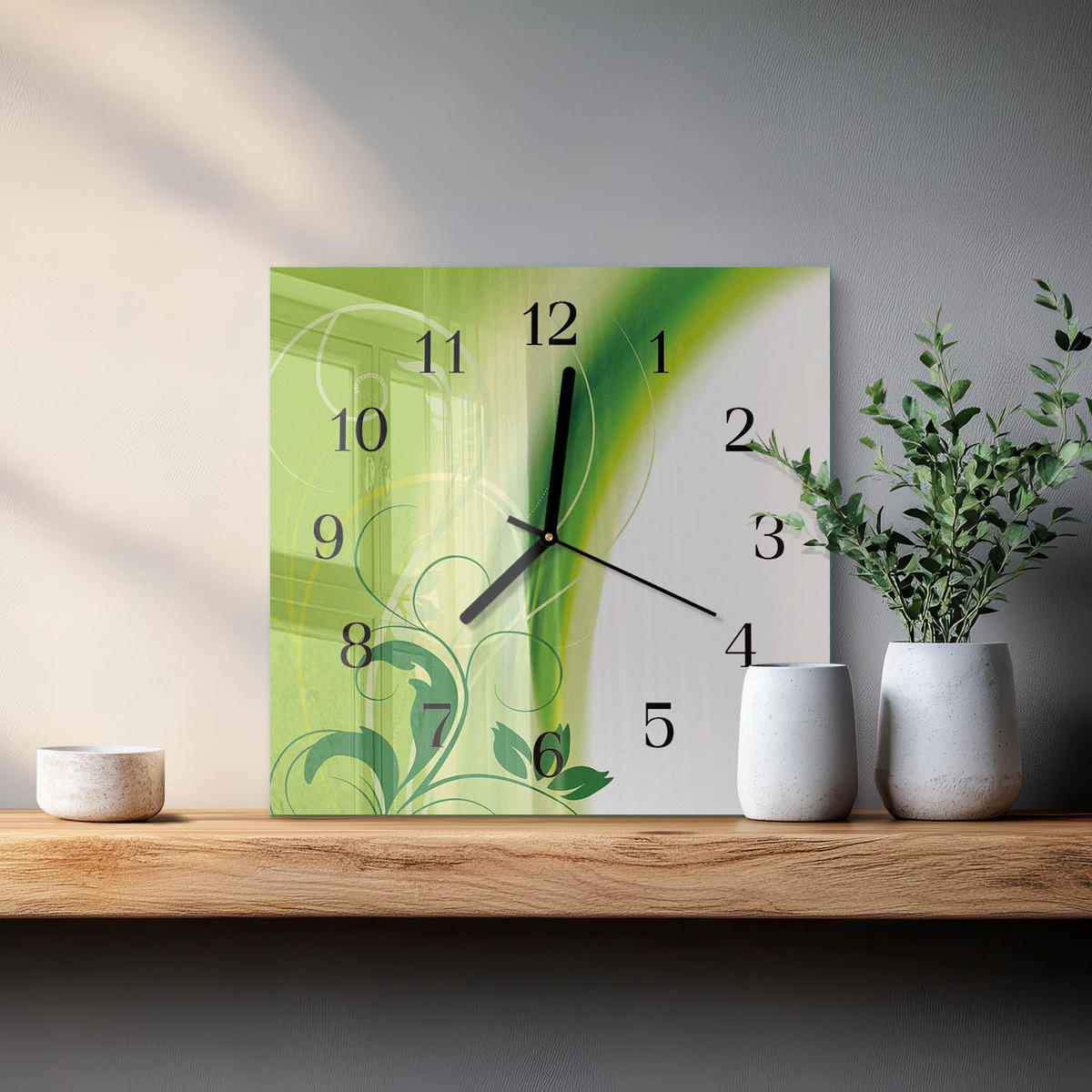 WANDUHR 30x30 cm - Blumenmuster - Grün, Glas (30/30/0.4cm) - TULUP