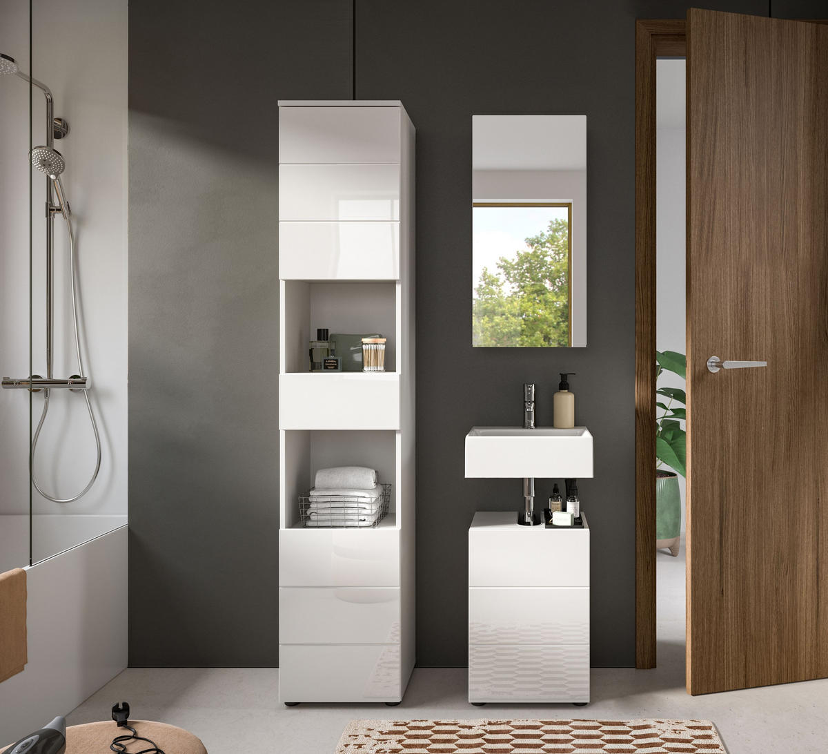 BADMÖBEL Set Vira 3tlg. Bad Kombination in Weiß (B/H/T: 91x190x34 cm) - Weiß, Holz (91/190/34cm)