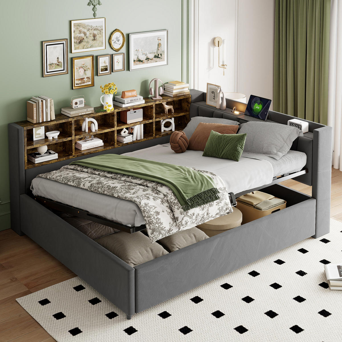 POLSTERBETT 140/200 cm aus Samtstoff mit Stauraum USB und Typ-C Dunkelgrau - Grau, Textil (140/200cm) - Modenvie