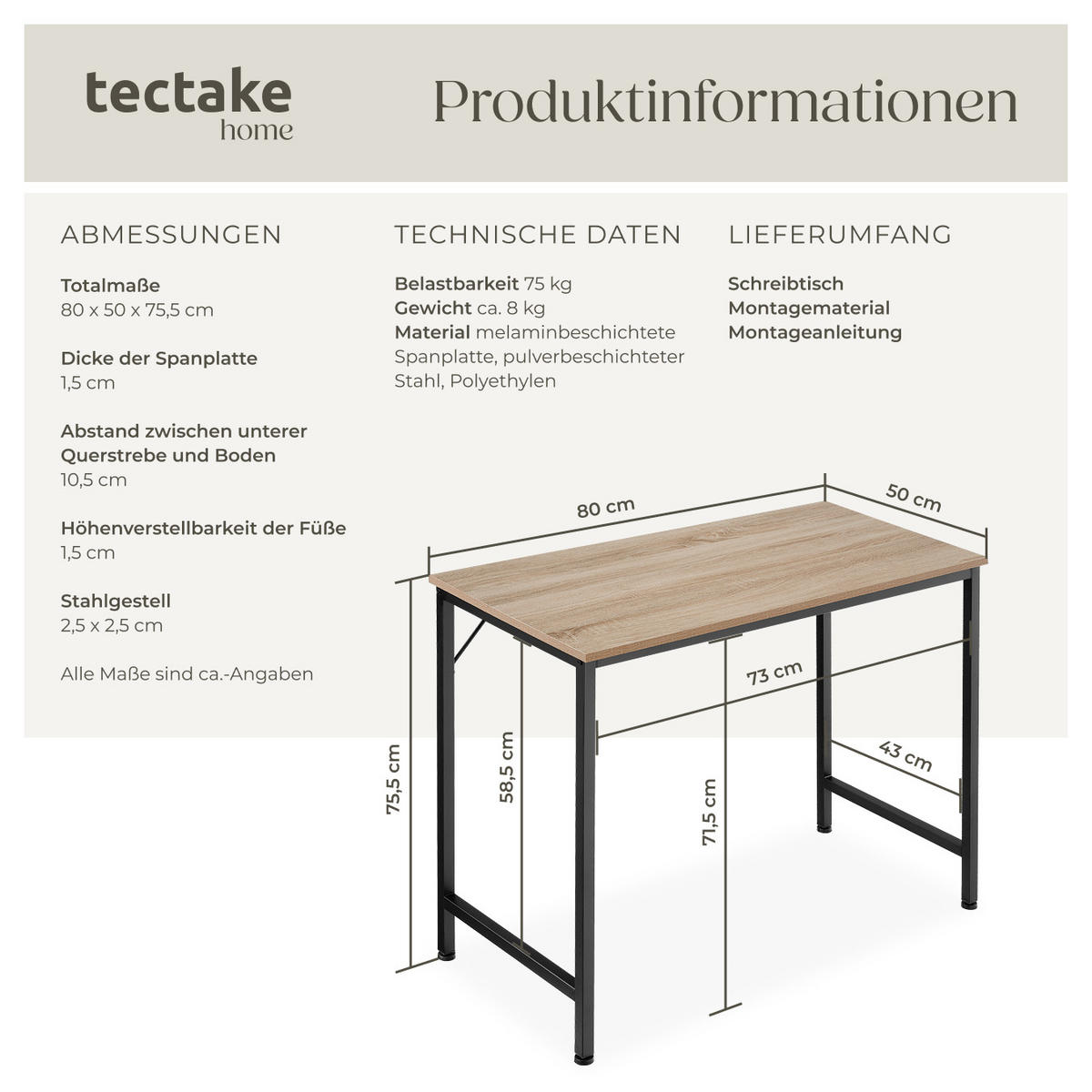 SCHREIBTISCH Jenkins, Höhe 75, 5 cm, Industrial Holz hell, Eiche Sonoma - Naturfarben, Holzwerkstoff (50/80/75.5cm) - tectake
