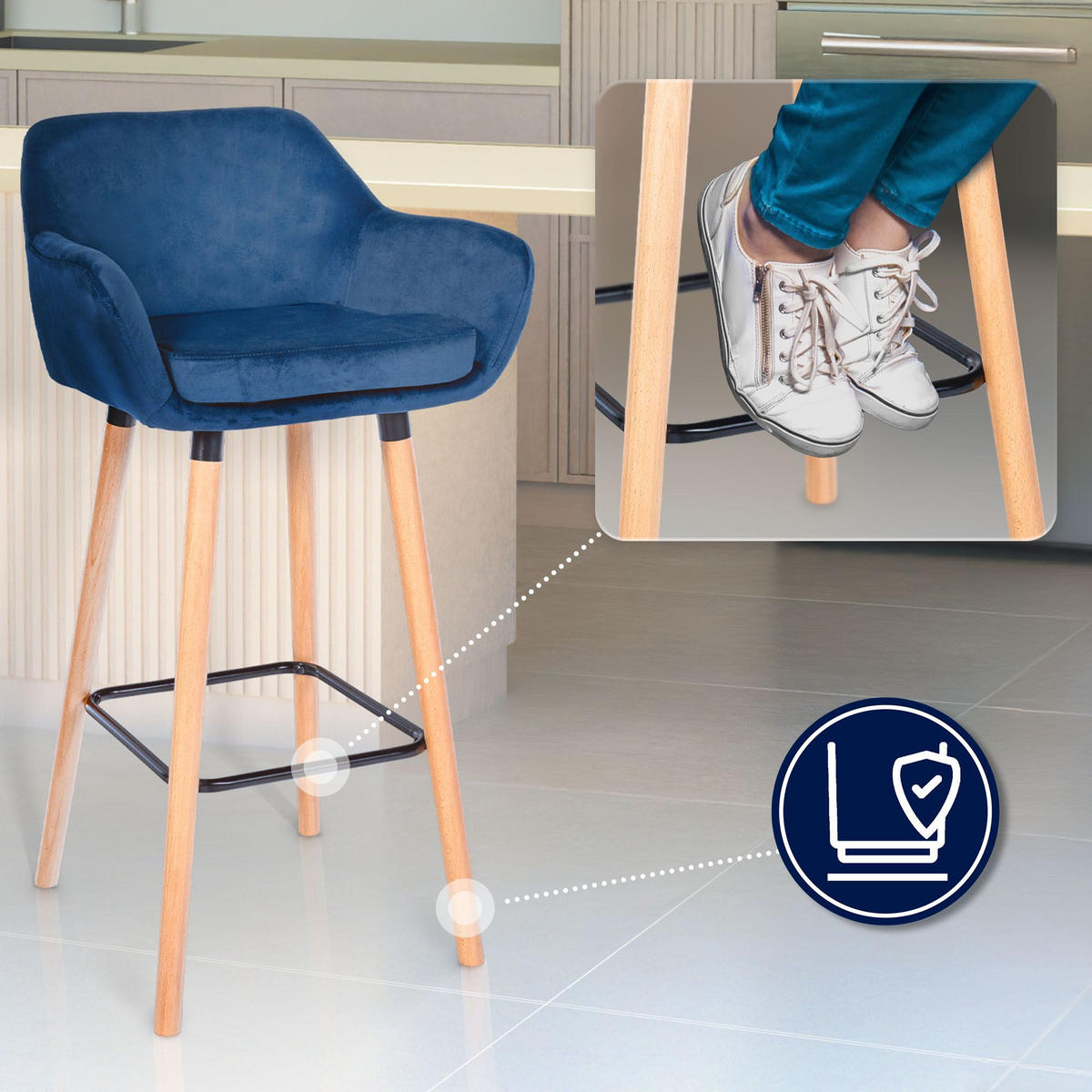 BARHOCKER 2er Set Samt Blau - Blau/Eukalyptusholzfarben, Holz/Textil (51/101/50cm) - CLP