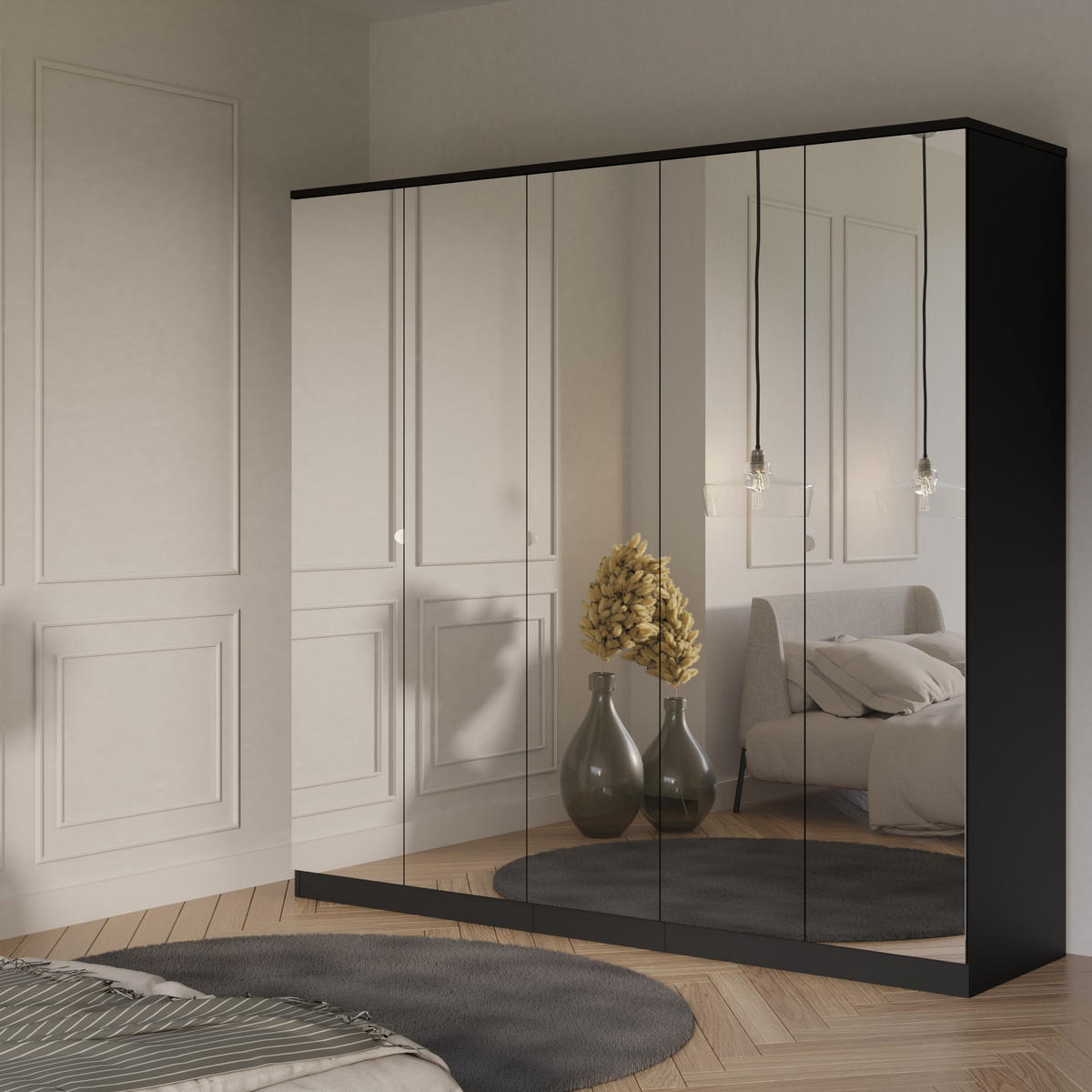 DREHTÜRENSCHRANK mit Spiegel Monza 5D 200 Schwarz - Schwarz/Grau, Holzwerkstoff/Metall (200/200/60cm) - mzm24