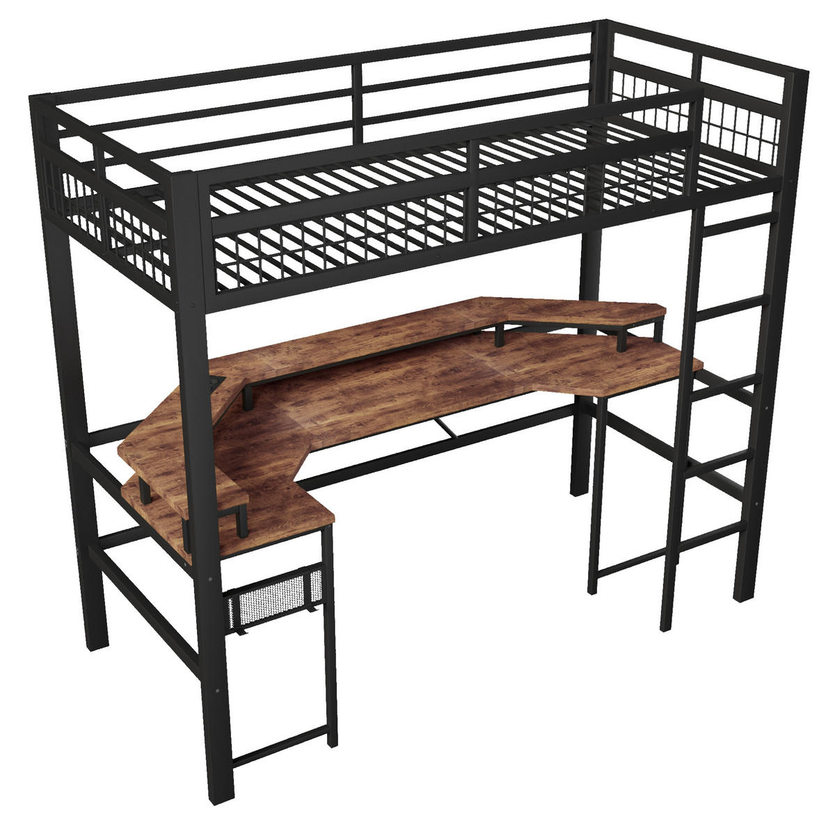 HOCHBETT 90/200 cm mit Schreibtisch, LED-Lichtleiste, USB, Typ-C, 2 Steckdosen und Lochwand, Eisen/MDF, Schwarz - Schwarz, Metall (90/200cm) - Redom