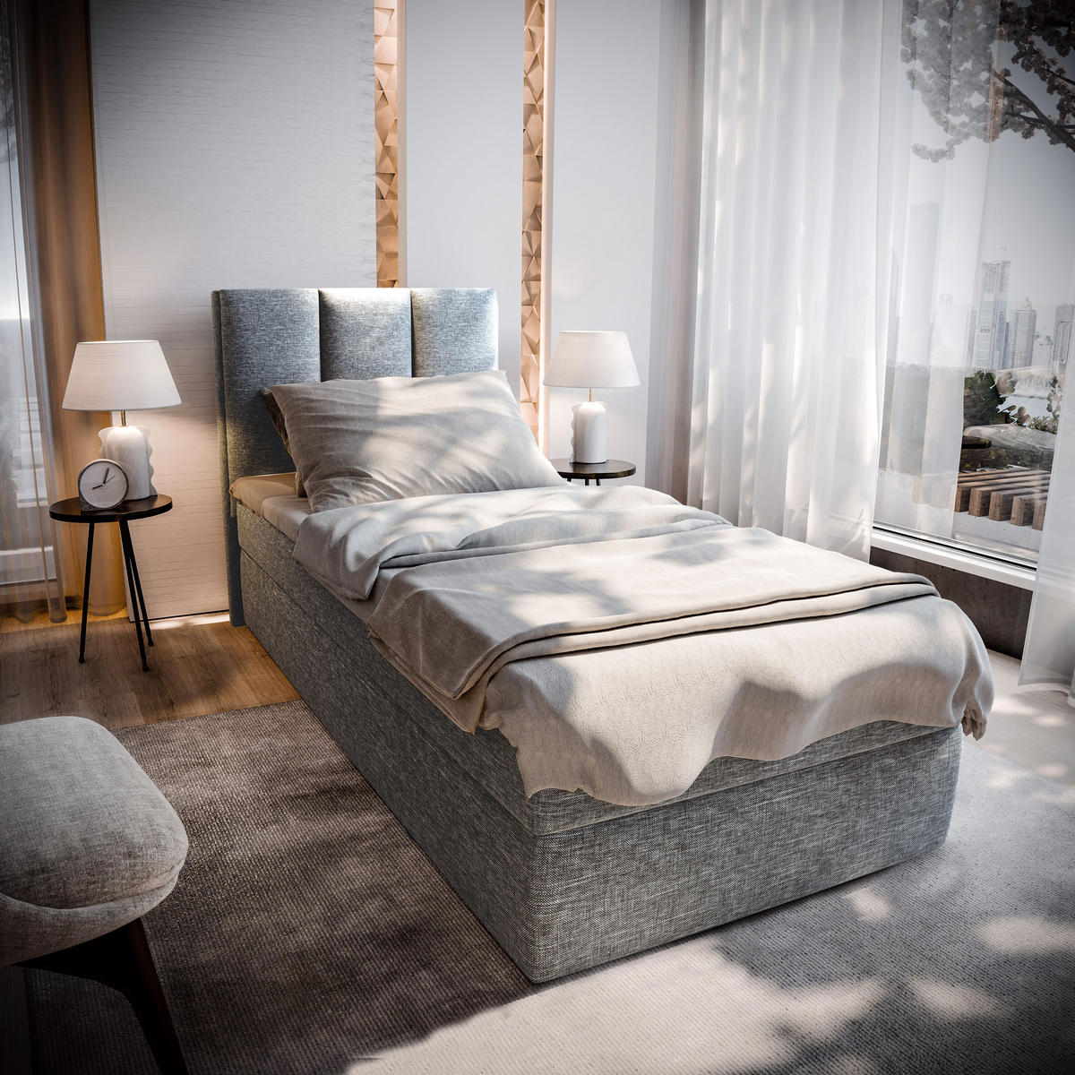 BOXBETT MERIL 90 90x200 cm mit Matratze und Topper - Hellgrau - Hellgrau, Holz (90/200cm) - MASSENO