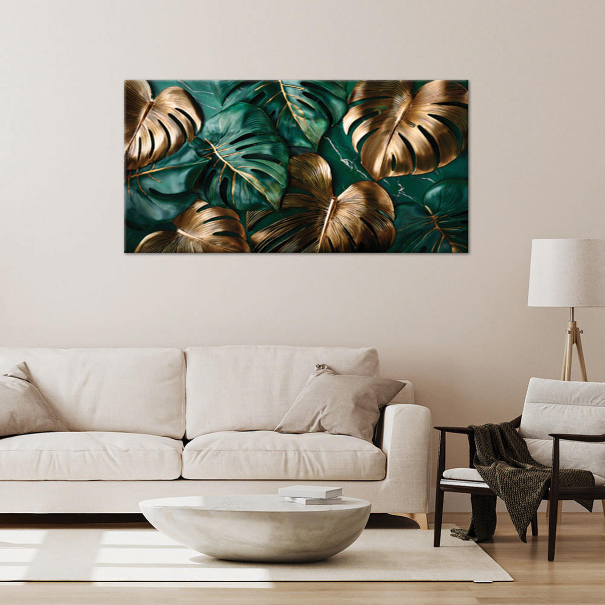 LEINWANDBILD Goldgrüne Monstera-Blätter - Grün, Textil (80/40cm) - Feeby