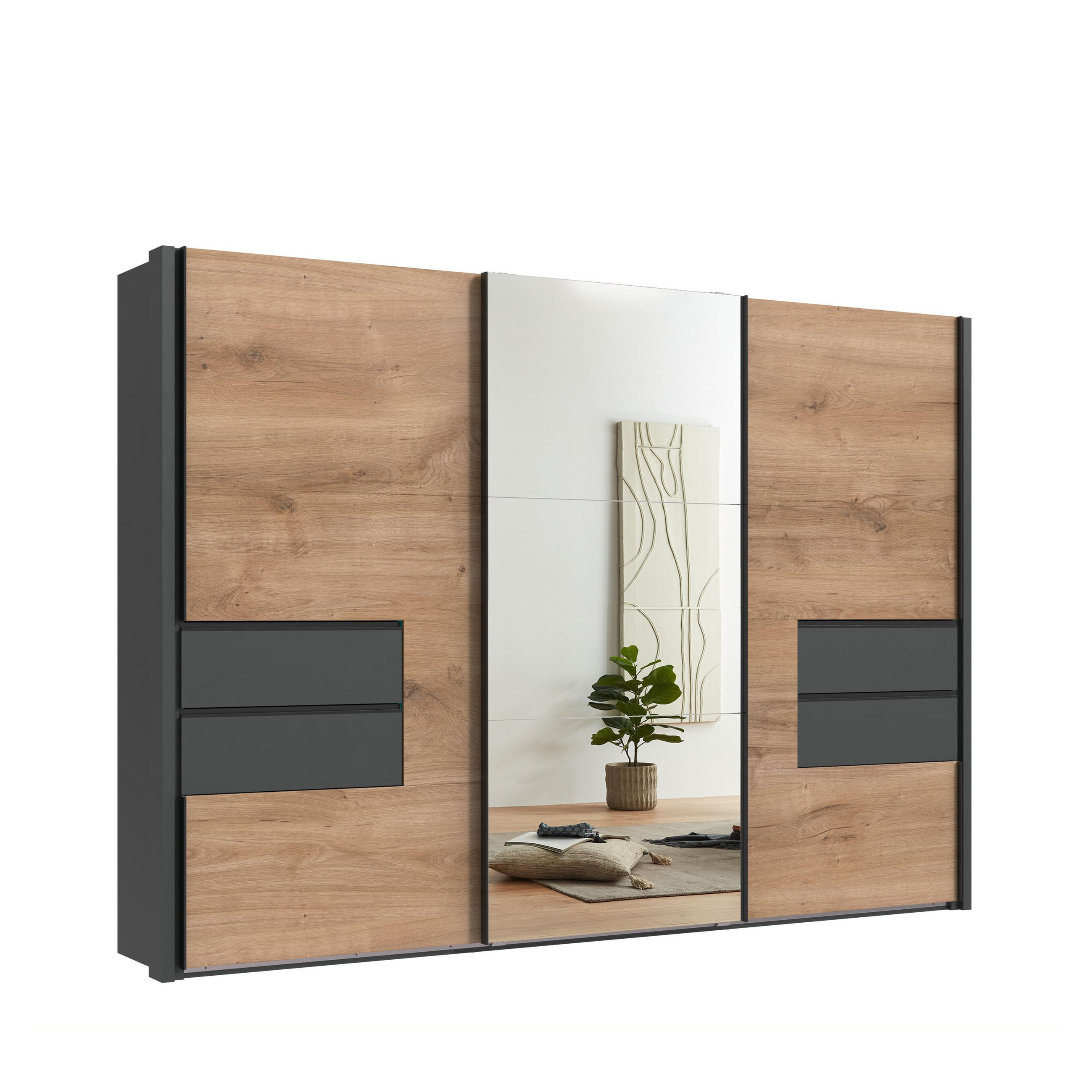 luma-home Schwebetürenschrank Graphit, Eiche 312x216x65 cm