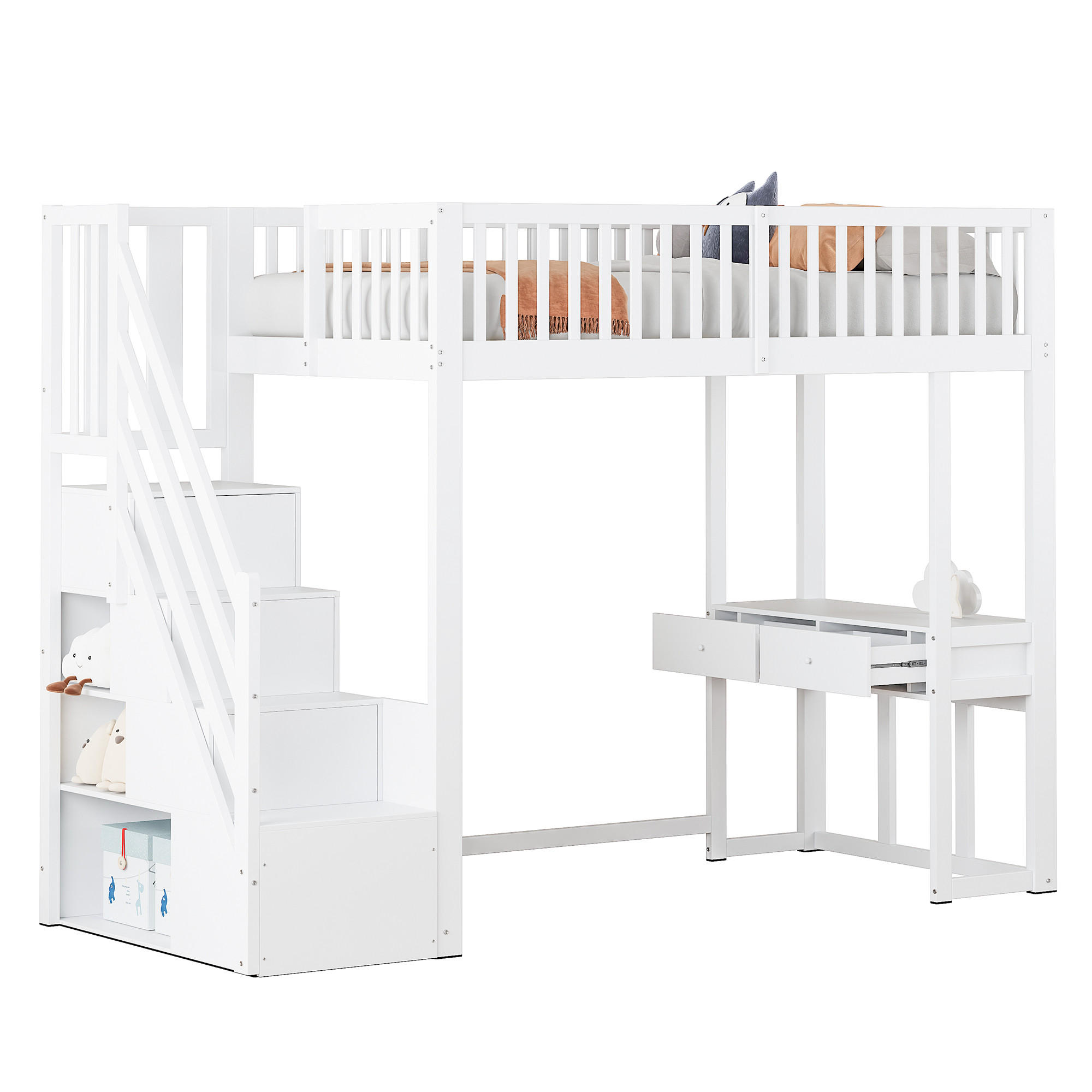 HOCHBETT 90/200 cm DE-01182, in Weiß, mit Tisch und Stauraum-Treppe - Weiß, Holz (90/200cm) - ComfortXL