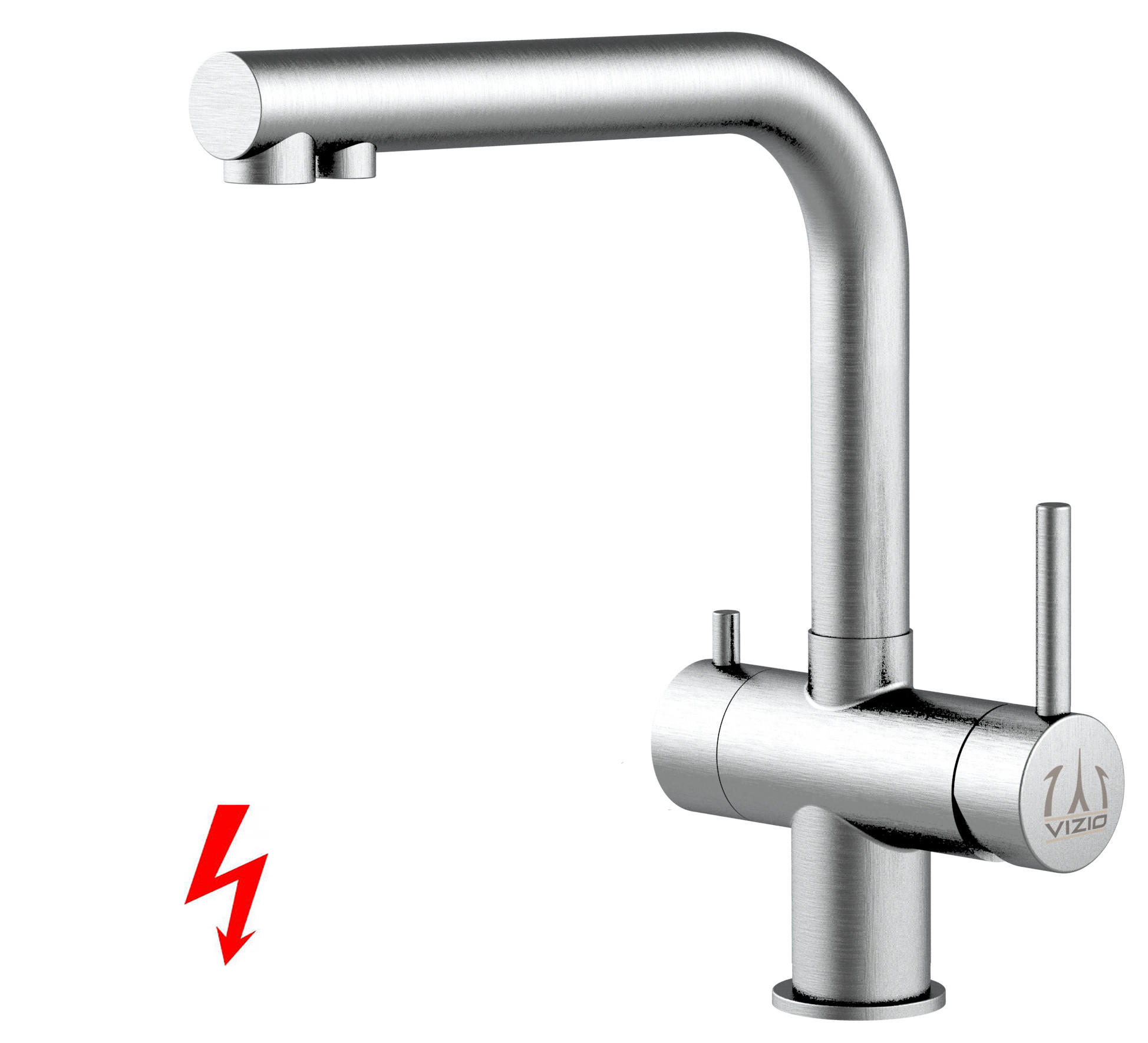 NIEDERDRUCK-3-WEGE-KÜCHENARMATUR, Edelstahl Massiv aus Chirurgenstahl, Gebürstet, 560° schwenkbar / Kurze Variante - Edelstahlfarben, Metall (22.5/28/22.5cm) - VIZIO