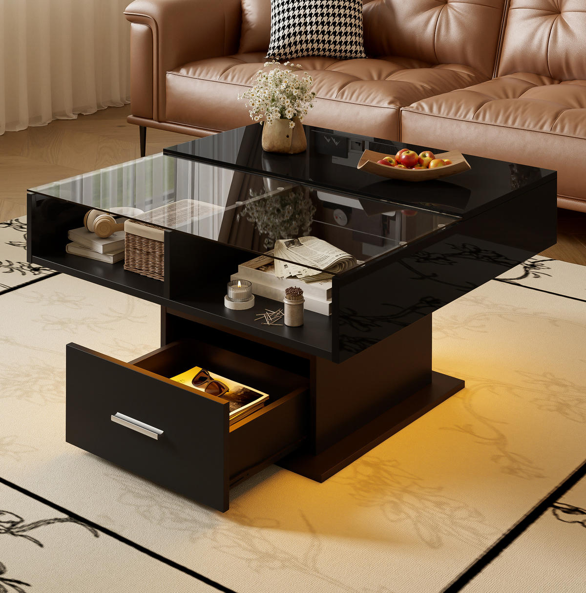 COUCHTISCH 78/78 cm in Schwarz aus Spanplatte mit LED-Beleuchtung und Stauraum - Schwarz, Holzwerkstoff (78/78/45cm) - OKMYHOME