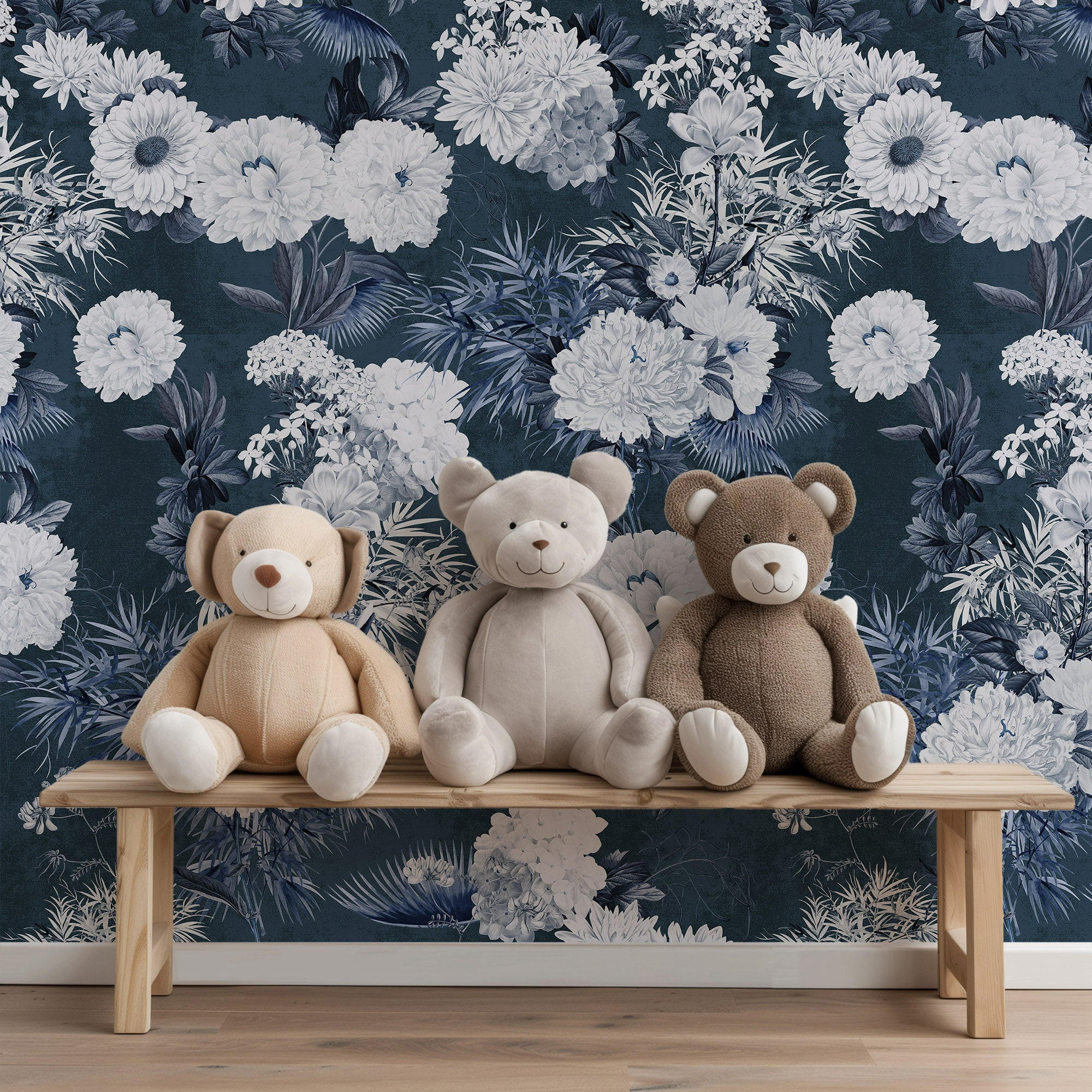 TAPETE Mit Blumen in Marineblau aus echtem Papier, 180x260cm, 2 Rollen - Blau, Papier (180/260cm) - WALLPAPERS4BEGINNERS