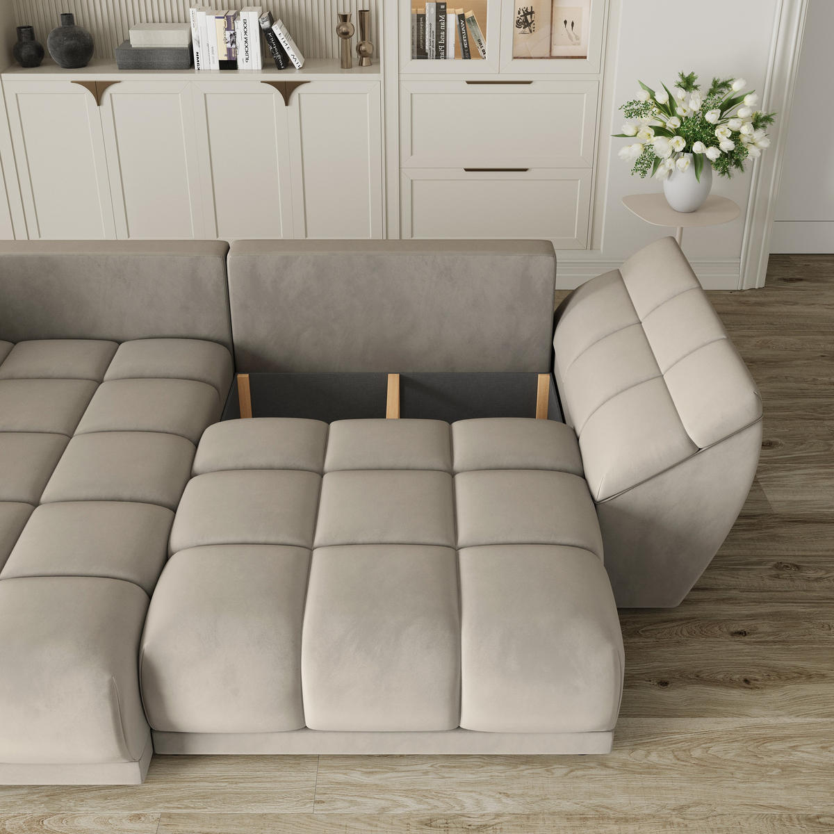 ECKSOFA ORENTI L-S Beige Velours-Stoff mit Schlaffunktion - Beige, Holz (287/182cm) - MASSENO