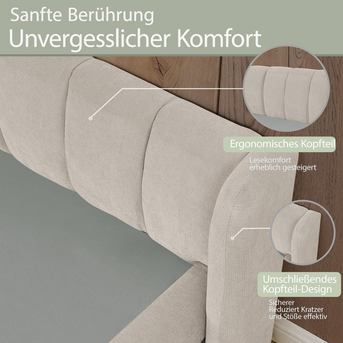 EINZELBETT 90x200 cm Chenille Rückenlehne beige - Beige, Kunststoff (90/200cm) - LEBENLANG