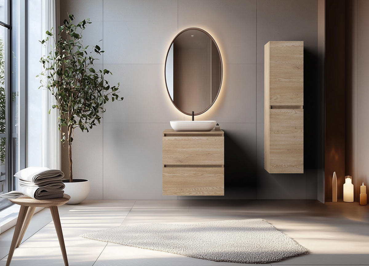 BADEZIMMERSCHRANK 60 cm + TOP, Farbe: helle Eiche, 60 x 46 x 60,7 cm, mit Arbeitsplatte - Eichefarben, Holzwerkstoff (60/60.7/46cm) - 3XE LIVING