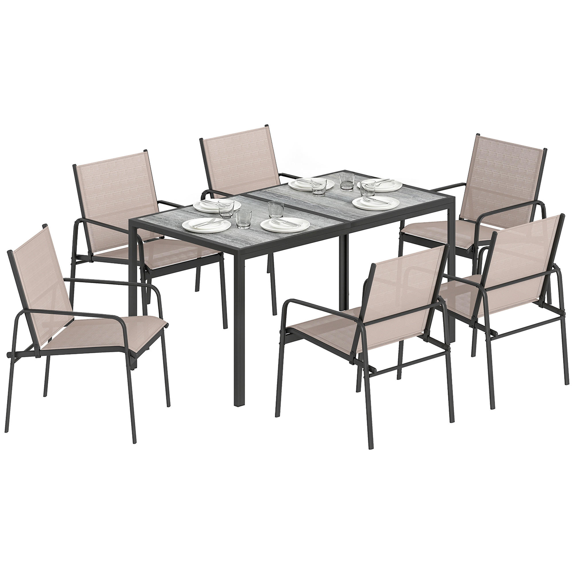 GARTENMÖBEL-SET,HOLZOPTIK Tisch+6 atmungsaktive Stühle,khaki - Beige, Metall - Vallsero