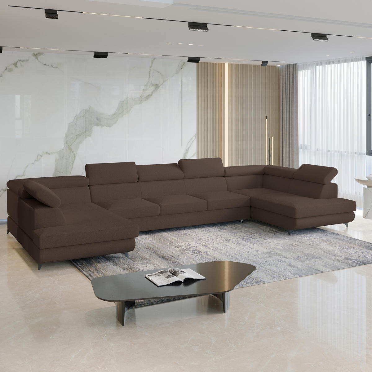 WOHNLANDSCHAFT URMANO Braun Boucle-Stoff mit Schlaffunktion - Braun, Holz (395/89/190cm) - MASSENO