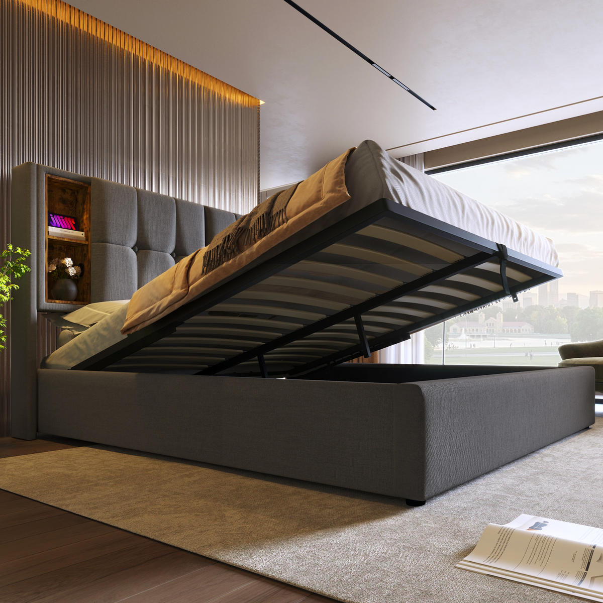 POLSTERBETT 140/200 cm Grau mit Stauraum und kabellosem Laden aus Baumwollstoff - Grau, Textil (140/200cm) - OKWISH