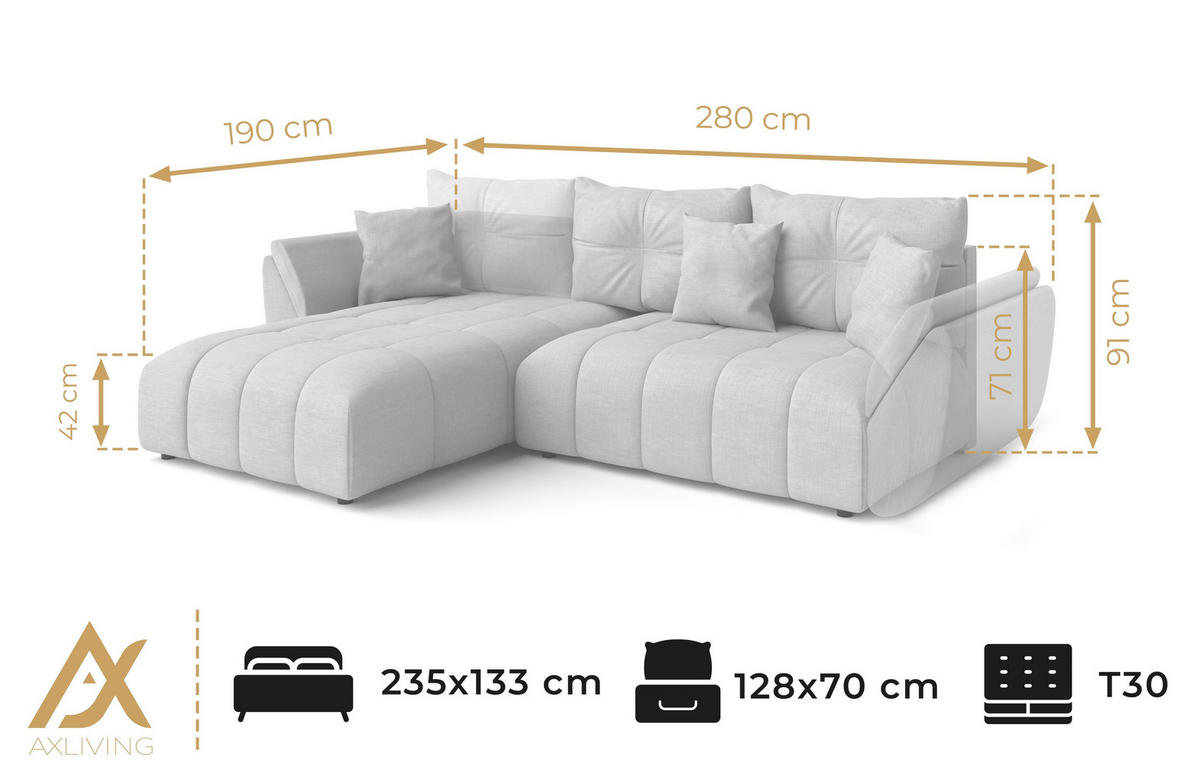 ECKSOFA L Form Verciani Schwarz 280/190/91 cm mit Schlaffunktion - Schwarz, Kunststoff/Textil (280/190cm) - AX Living