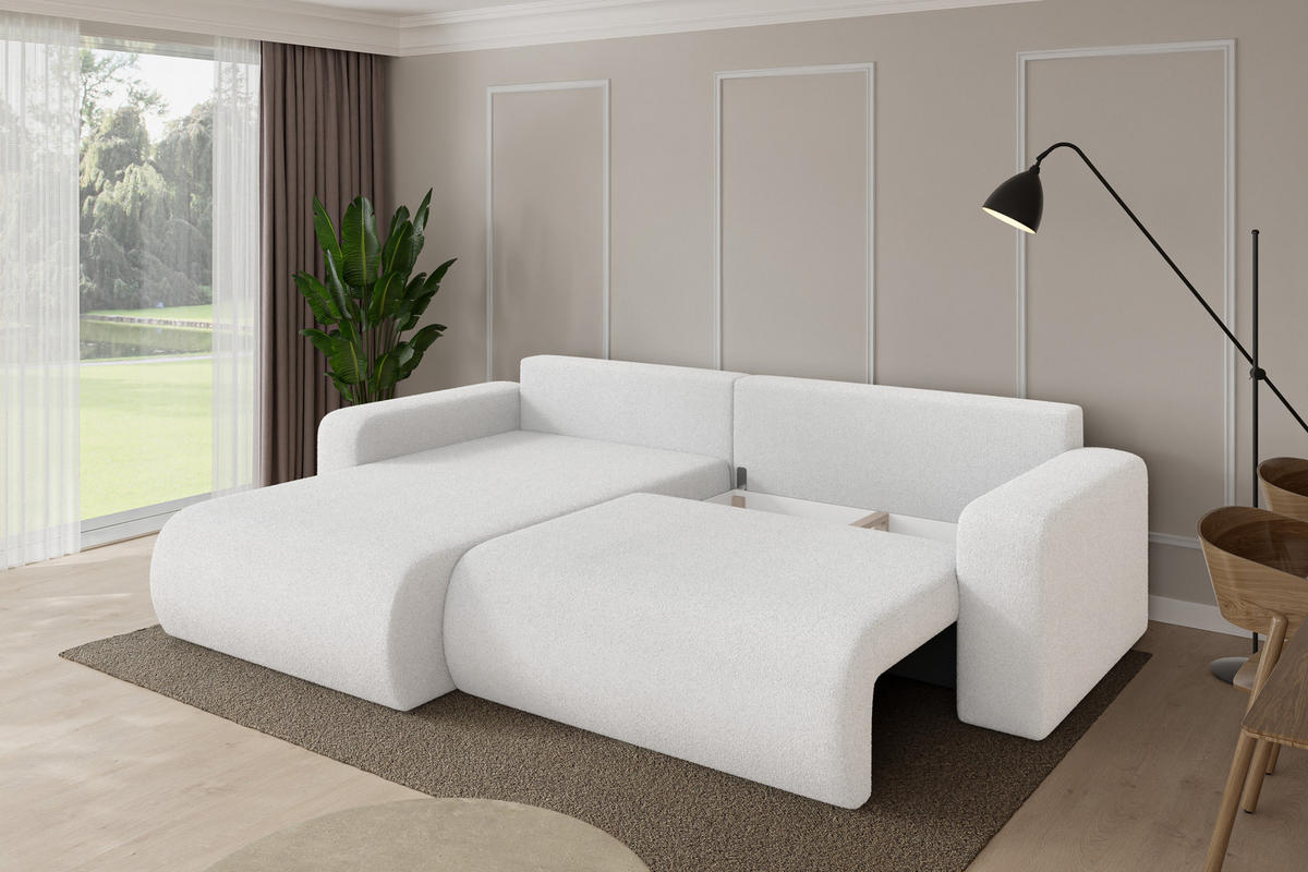 ROHOVÁ SEDAČKA s funkcí spaní, otoman vlevo BERY-L 276x193x88 bílá bouclé - bílá/černá, kompozitní dřevo/textil (276/193cm) - ALTDECOR