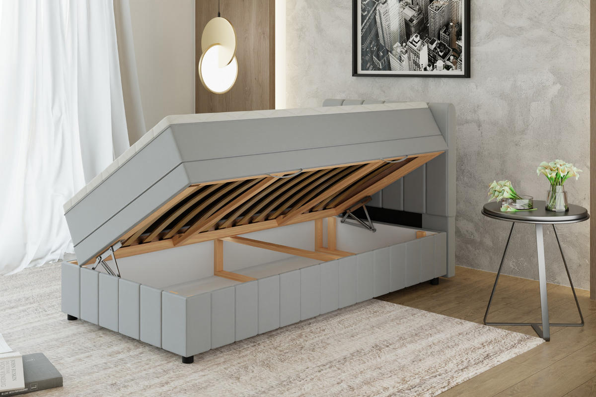 BOXBETT AVALON 100 x 200 cm mit Bettkasten und Topper - Hellgrau - Hellgrau, Holz - Panda Möbel