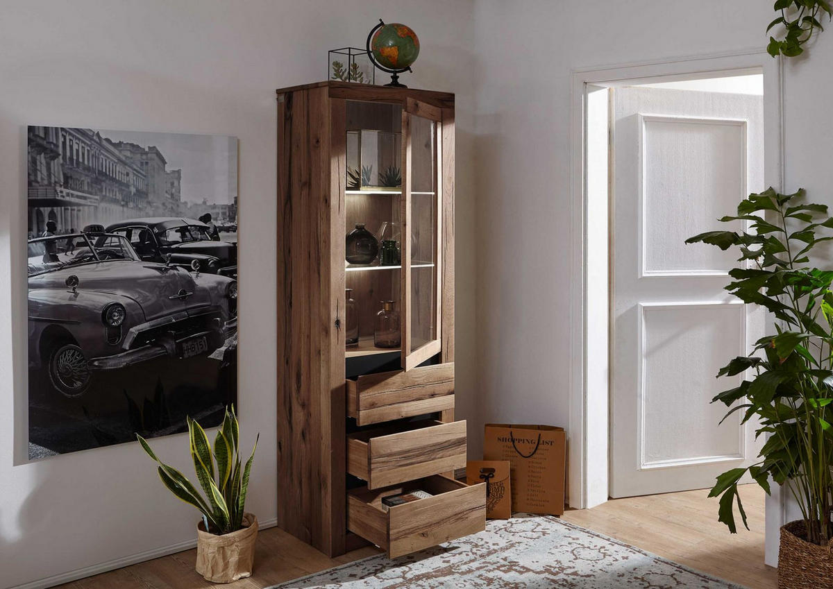 VITRINE Wild-/Zerreiche 62x42x190 Tabacco brown geölt MONTREUX #321 - Braun, Holz (62/190/42cm) - Massivmoebel24