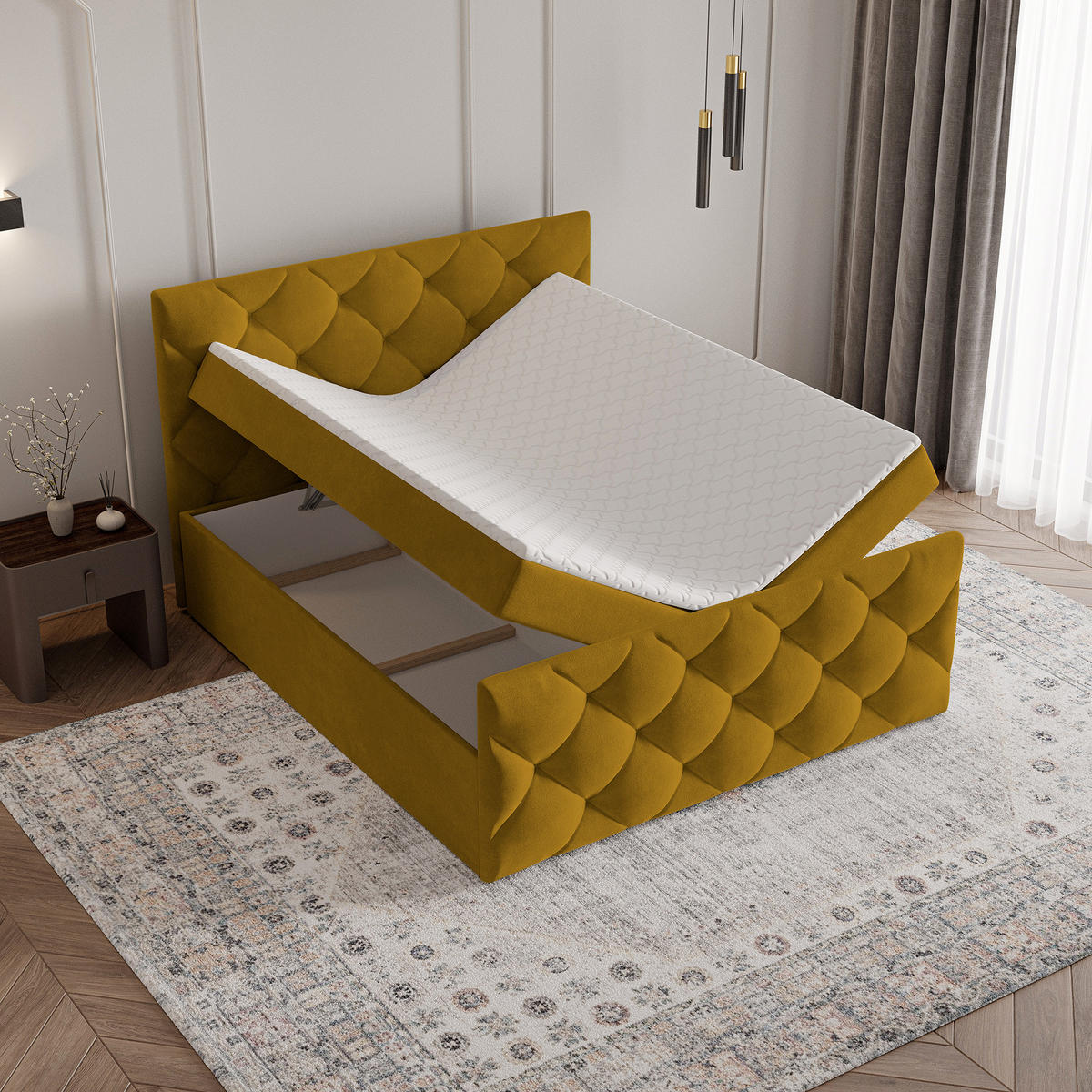 BOXBETT ROVARI 160x200 cm mit Matratze und Topper - Gelb - Gelb, Holz (160/200cm) - MASSENO