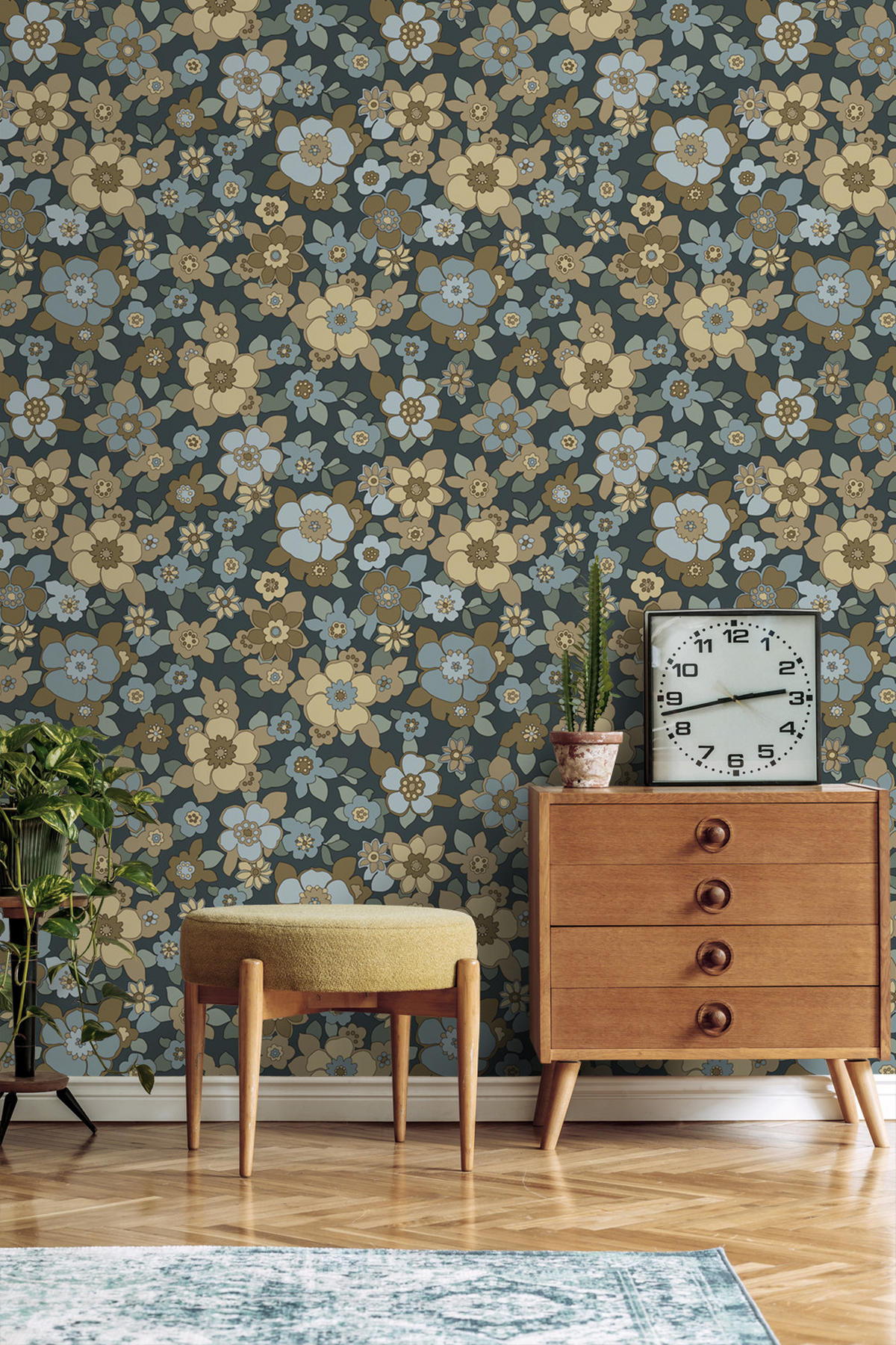 TAPETE Retro Blumen 50 x 900 cm - Blau, Papier (50/900cm) - ESTAhome