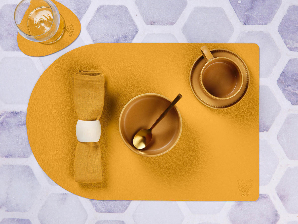 TISCHSET - 6er-Set - Recyceltes Leder in Senfgelb und Tannengrün - Gelb, Textil (30/44.5cm) - Björn