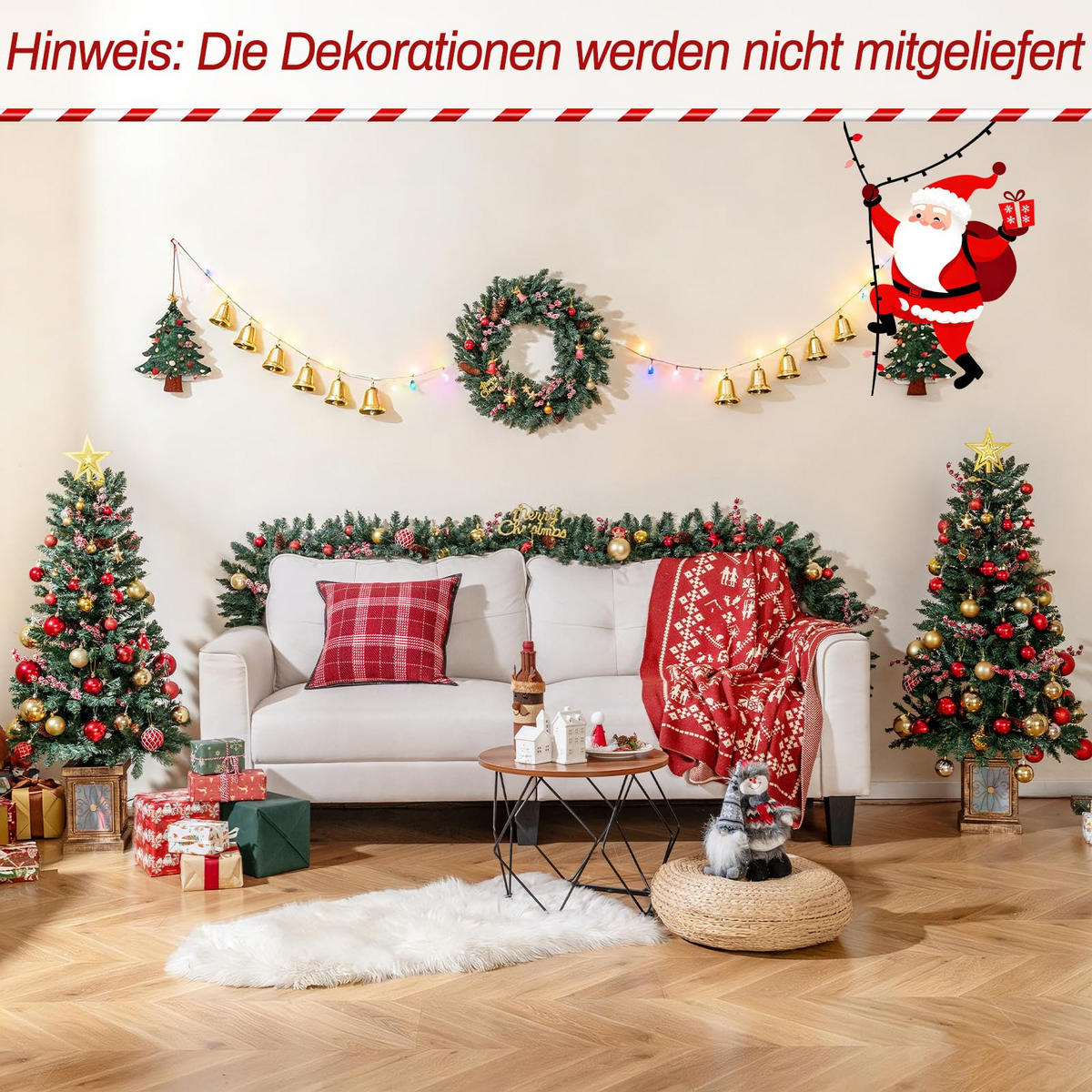 WEIHNACHTSBAUM Mini Tannenform mit Weihnachtsgirlande und Weihnachtskranz 120 cm grün(4-tlg) - Grün, Metall (120cm) - COSTWAY