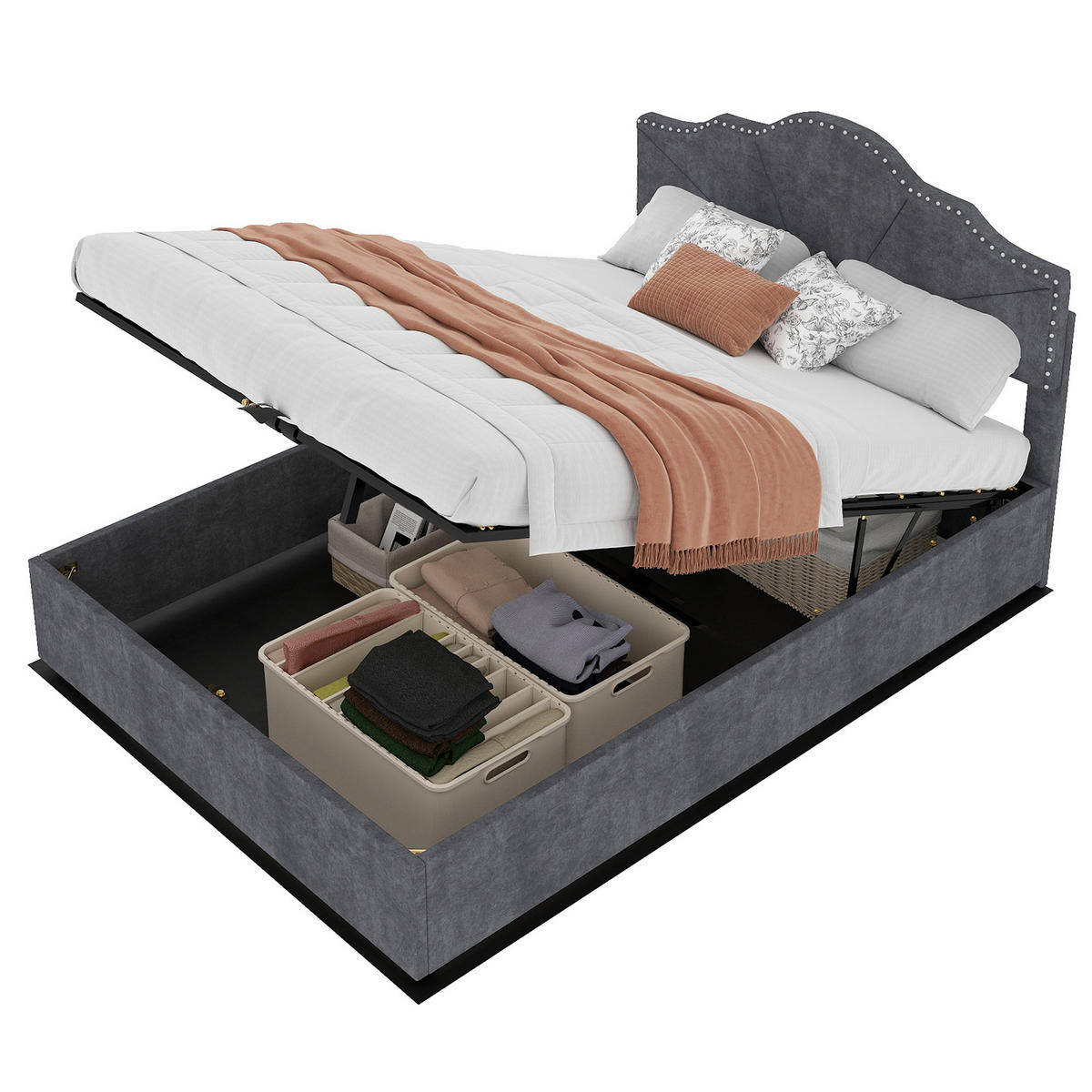 POLSTERBETT 160x200 cm Samt Stauraum hydraulisch grau - Grau, Textil (160/200cm) - LEBENLANG