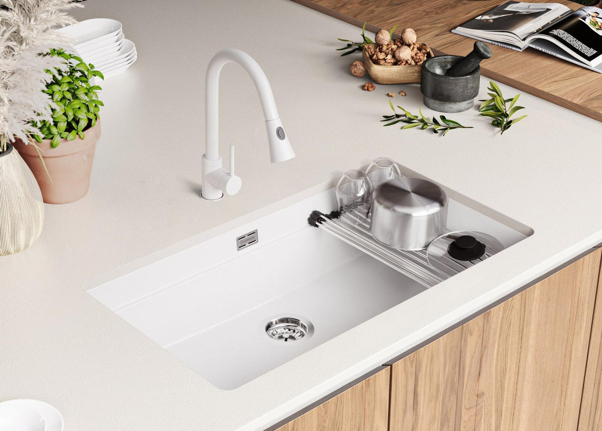 UNTERBAUSPÜLE GRANIT Praga, 2-er set Weiß 86/47 cm 1 Becken + Ablauf-Set + Aufrollbare Abtropffläche ab 90er Unterschrank - Chromfarben/Weiß, Kunststoff (86/20/47cm) - Primagran