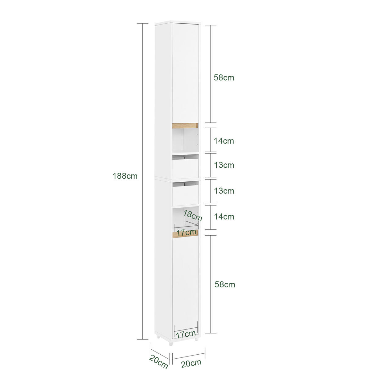 TOILETTENSCHRANK, Badschrank schmal, 20x96x20cm, Weiß - Weiß, Holzwerkstoff (20/96/20cm) - SoBuy