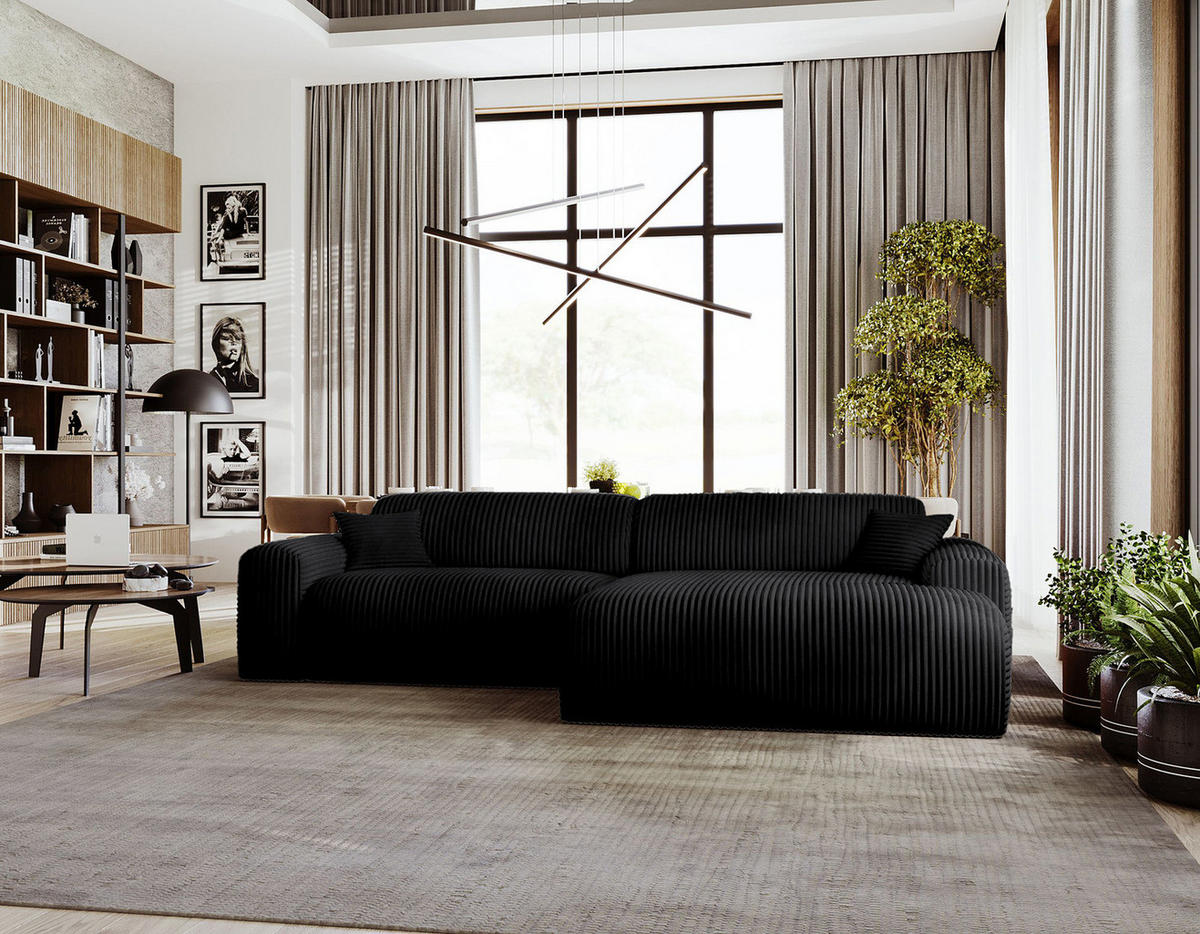 ECKSOFA mit Longchair - Cord - Schwarz, Kunststoff/Textil (284/178cm) - home24