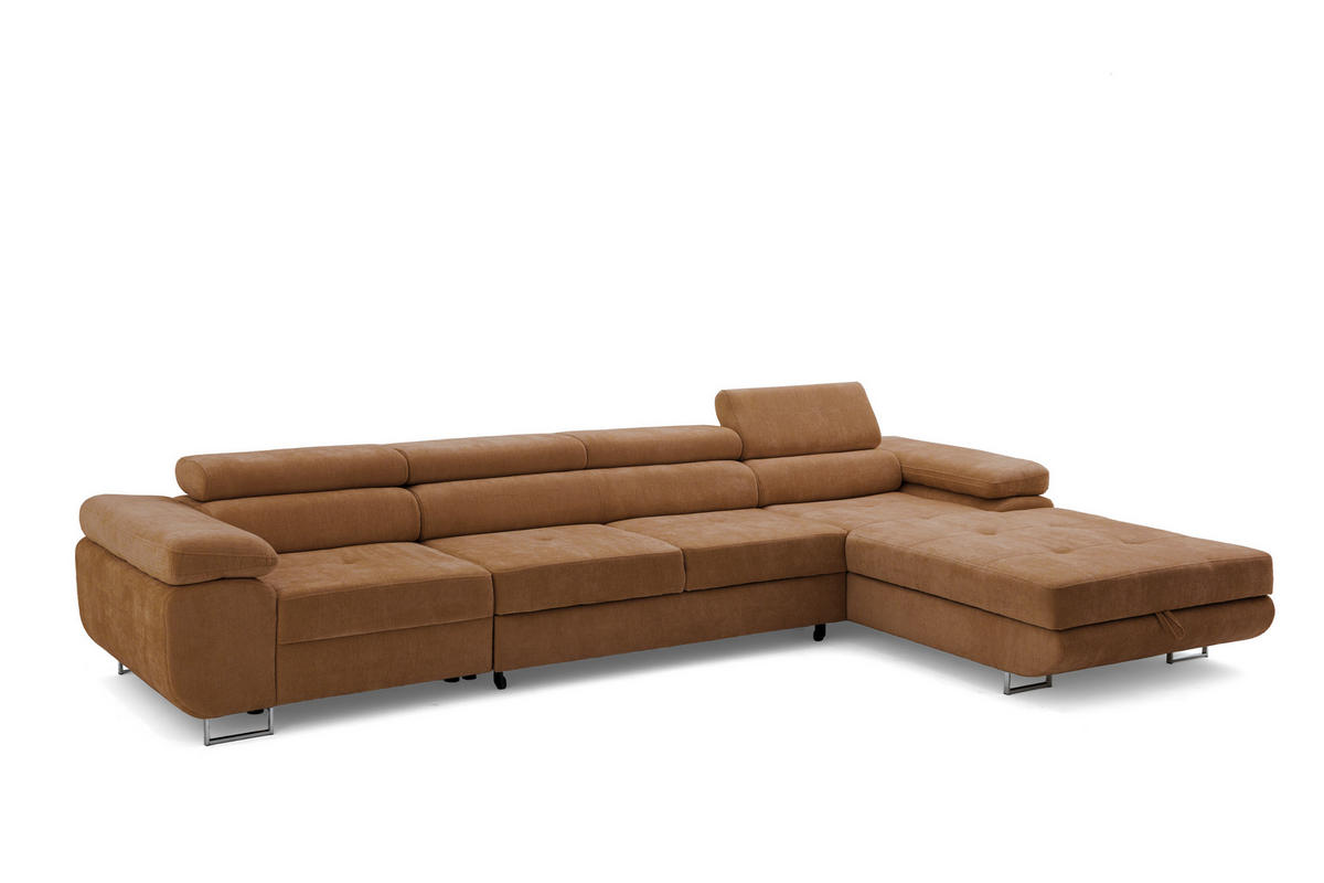 ECKSOFA ALONZO MAXI Rechts mit Schlaffunktion 125x195 Chenille Braun - Chromfarben/Braun, Holz/Textil (350/203cm) - Muffo