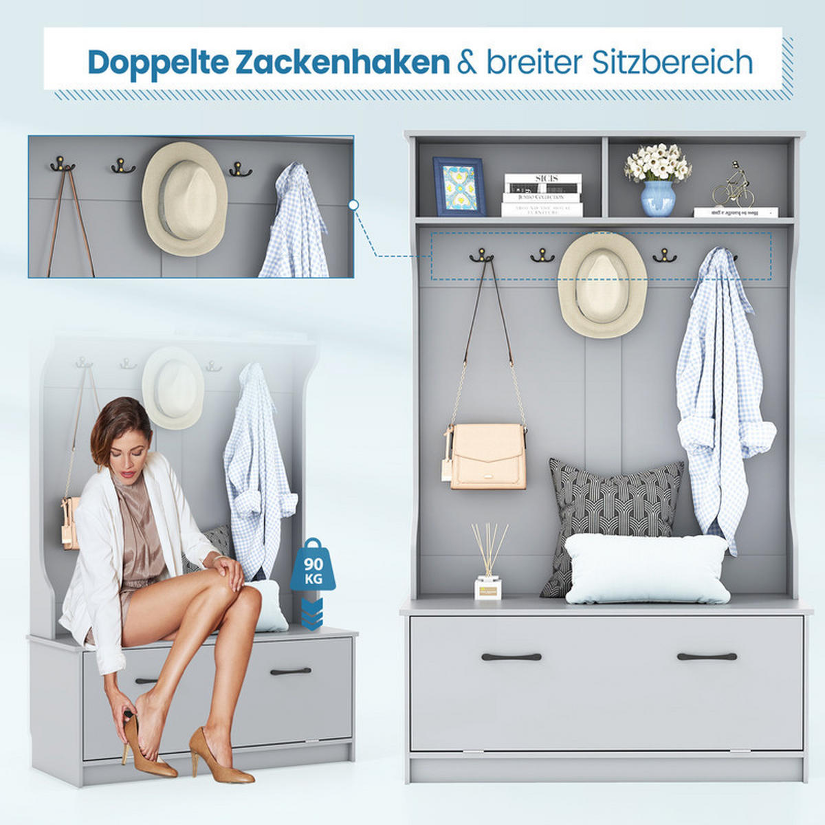 GARDEROBENSTÄNDER mit Sitzbank grau - Grau, Holzwerkstoff (100/160/39cm) - COSTWAY