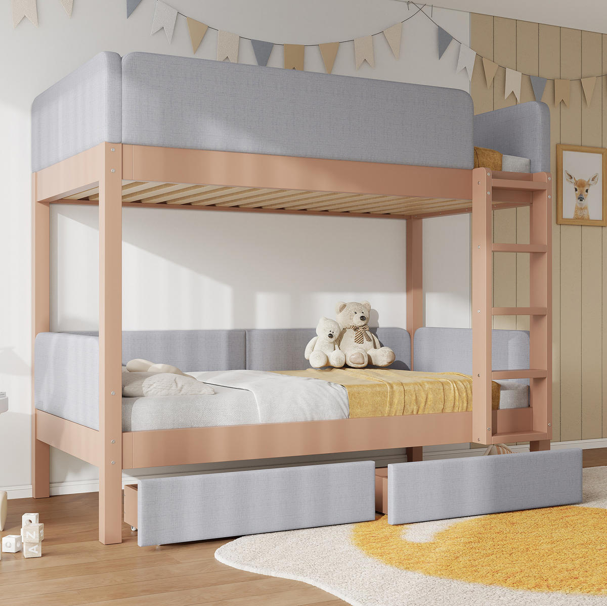 ETAGENBETT mit Treppe und 2 Schubladen 90x200 cm Grau/Natur - Grau, Holzwerkstoff (90/200cm) - Beauniv
