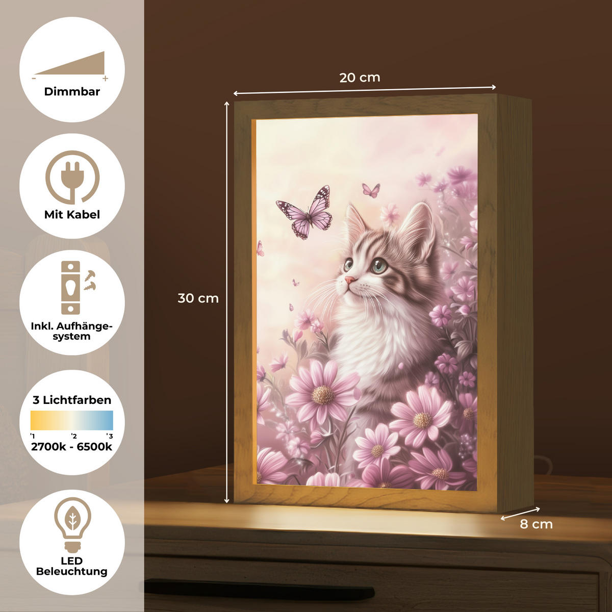 NÁSTĚNNÁ LAMPA Koťátko - Květiny - Motýli - Fialová 20x30 cm - starorůžová, kompozitní dřevo (20/30/8cm) - OnlyWow