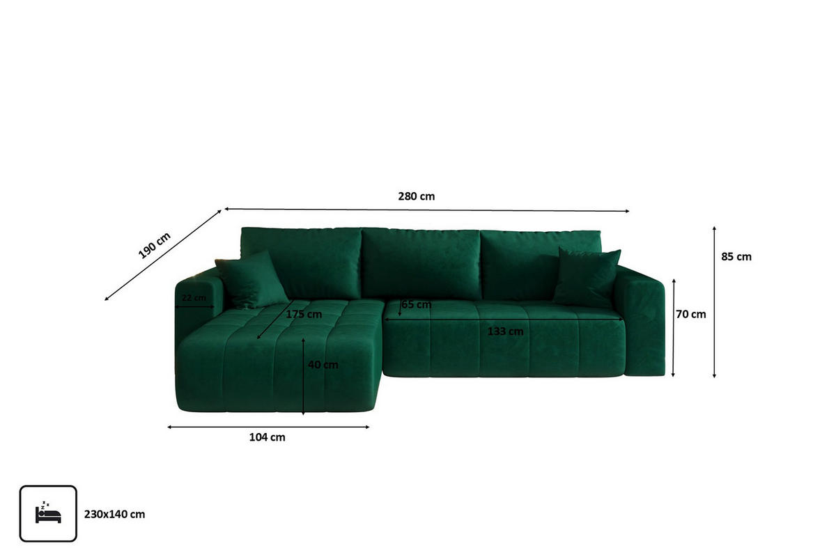 ECKSOFA mit schlaffunktion und bettkasten MILO, stoff MONOLITH, Grün, Links - Grün, Holz (280/190cm) - Kaiser Möbel