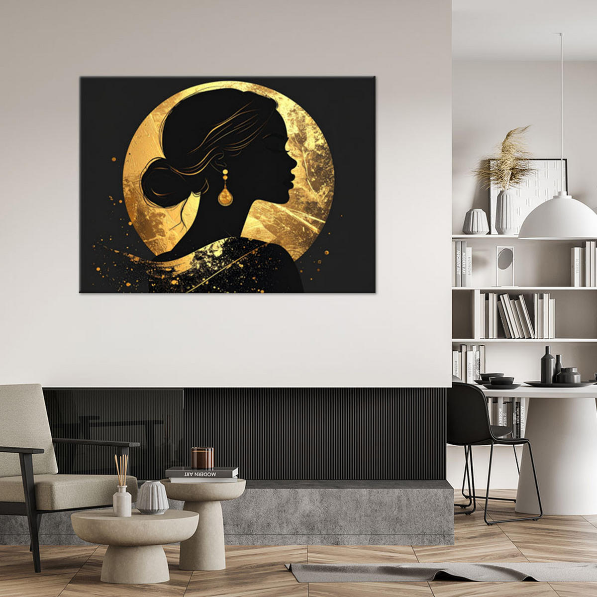 BILD auf Leinwand, Profil einer Frau vor goldenem Hintergrund - Goldfarben, Textil (45/30cm) - Feeby