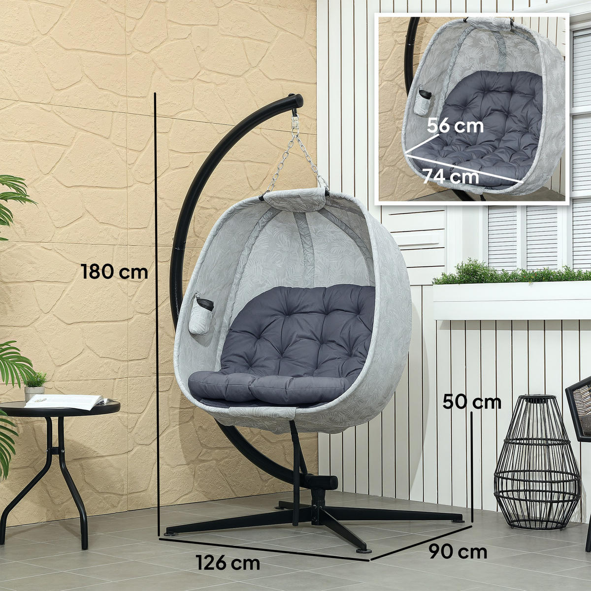 HÄNGESESSEL für den Außenbereich, Grau - Grau, Metall (90/180/126cm) - Outsunny