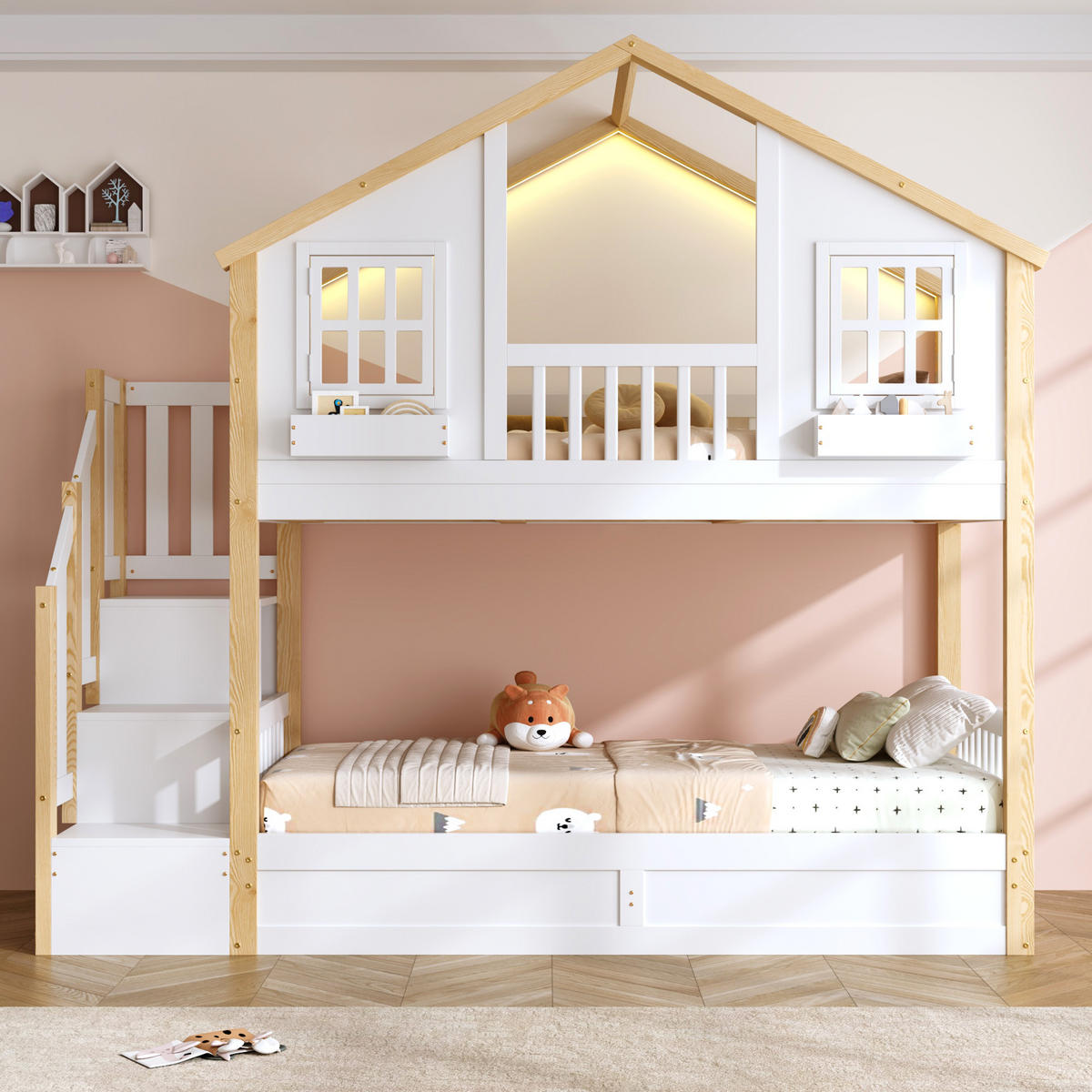 ETAGENBETT 90/200 cm Weiß + Naturholz mit LED-Beleuchtung, Treppe mit Stauraum und hydraulischen Staufächern - Weiß, Holz (90/200cm) - Oxeza