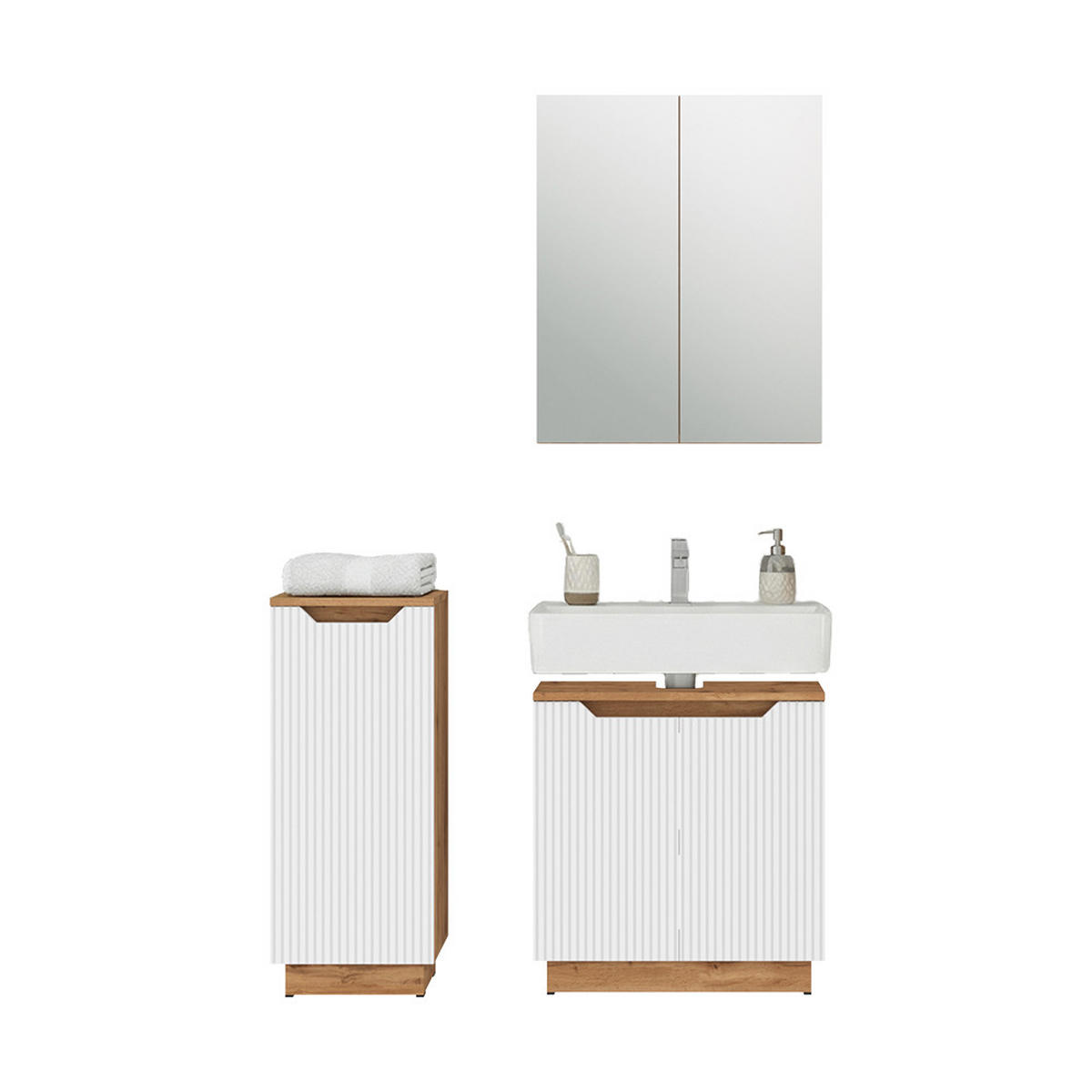 BADMÖBEL-SET Lotta Eiche/weiß gestreift 3 Teile - Eichefarben/Weiß, Holzwerkstoff (59.8/62.1/32cm) - Vicco