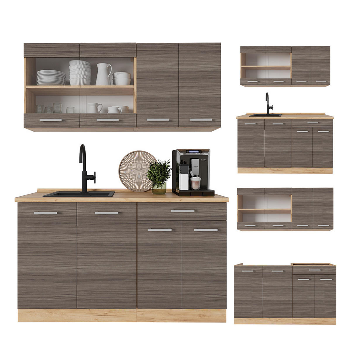 SINGLEKÜCHE R-Line Edelgrau/Goldkraft Eiche 140 cm ohne Arbeitsplatte - Eiche Wotan/Braun, Holzwerkstoff (140/81.6/46cm) - Vicco