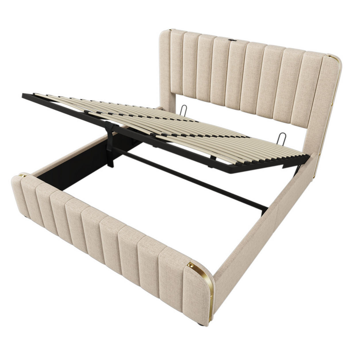 POLSTERBETT 180x200cm Doppelbett USB-C Hydraulik Goldstreifen Beige - Beige, Holz - FLIEKS