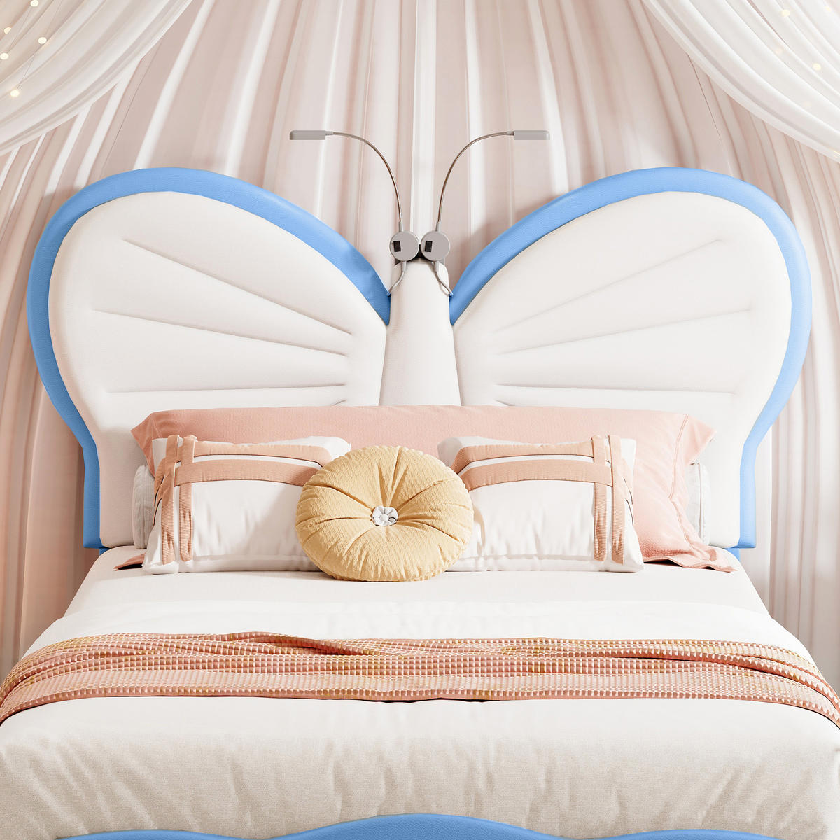 KINDERBETT 90/200 cm in Blau mit verstellbarem Kopfteil,LED - Blau, Leder/Holz (90/200cm) - PARAFTA HOME