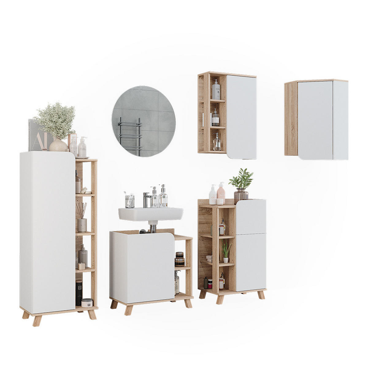 BADMÖBEL-SET Karen Sonoma/Weiß 6 Teile - Weiß/Sonoma Eiche, Holzwerkstoff (60/65/35cm) - Vicco