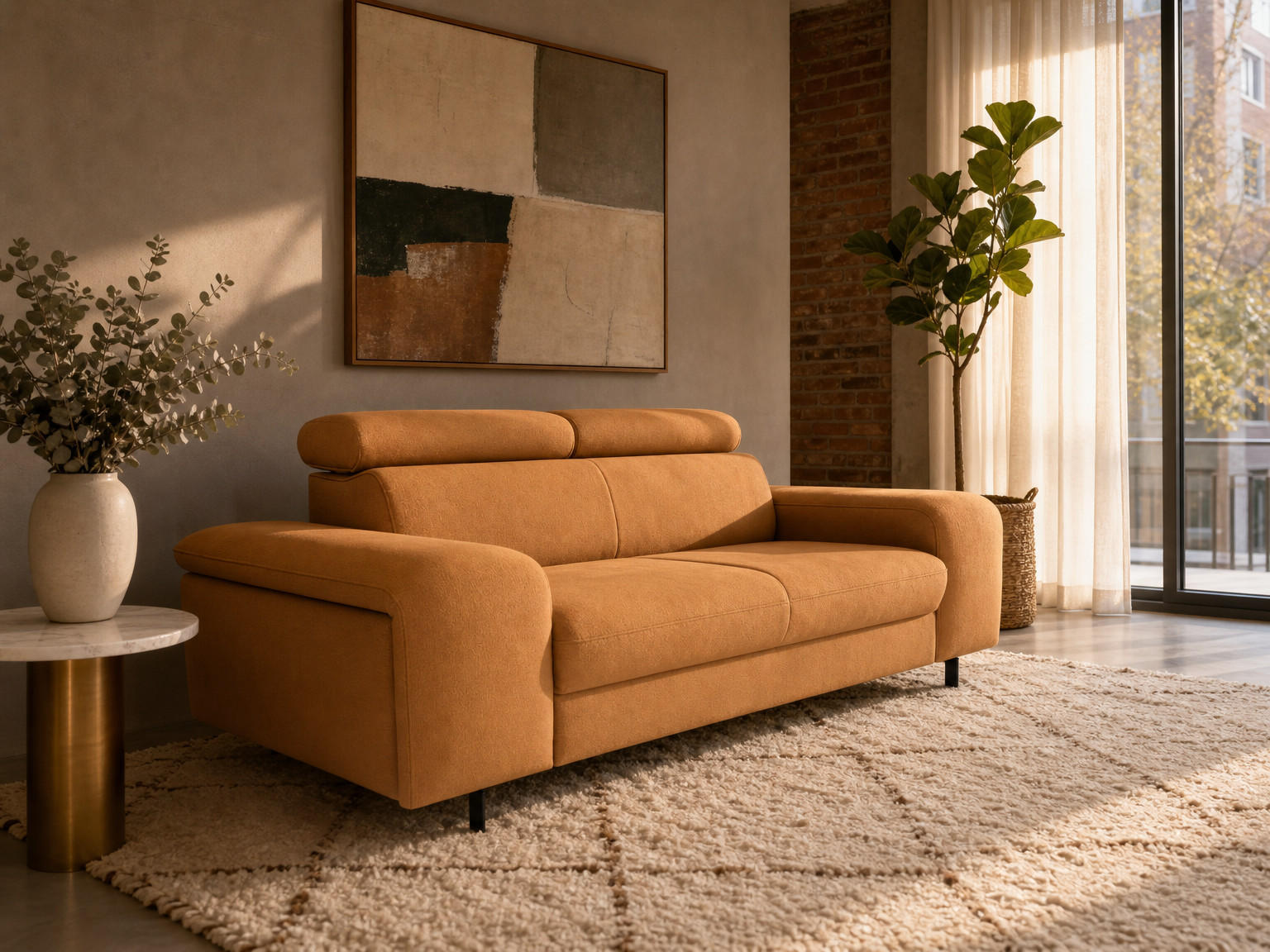 2,5-SITZER Vaasa Flachgewebe Gold klappb. Kopfstützen 198/100/81 cm - Dunkelgelb, Kunststoff/Textil (198/81/70cm) - foamnova